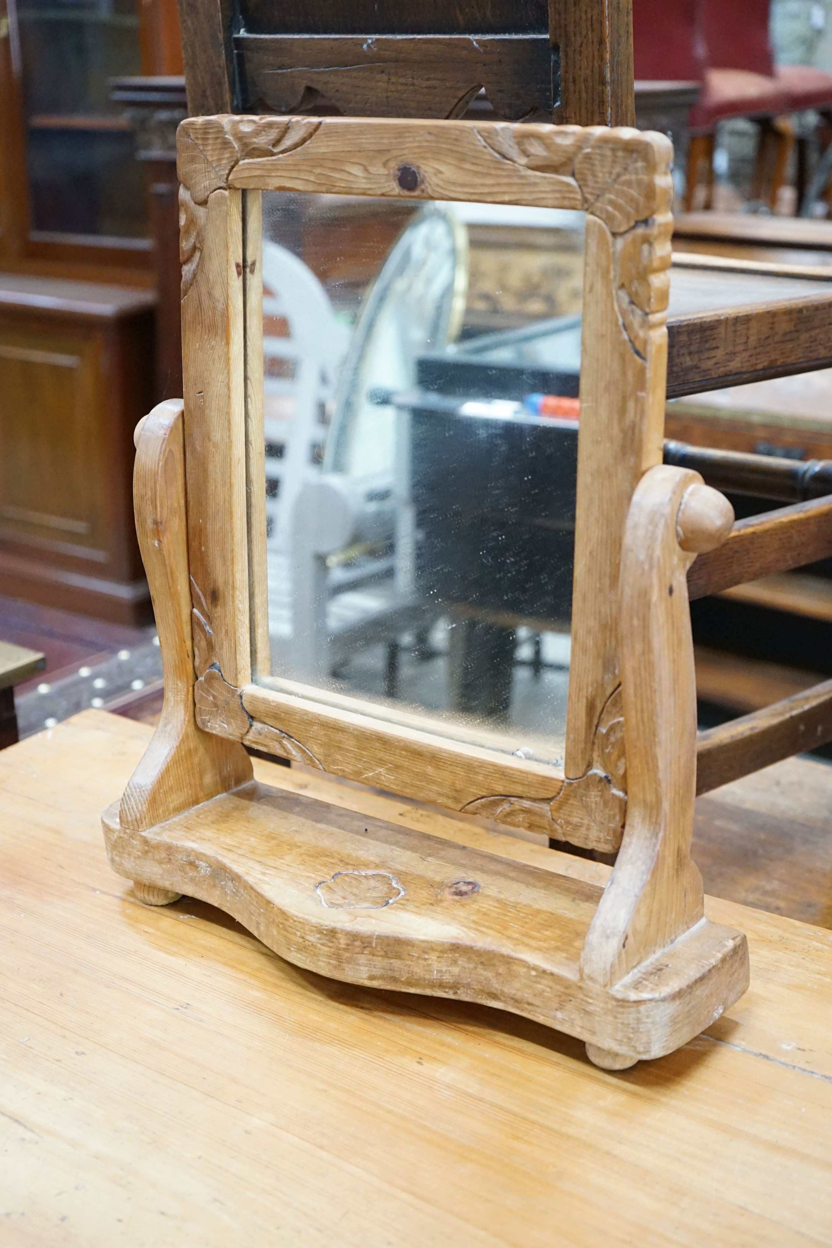 A Victorian stripped pine chest, width 82cm, depth 48cm, height 85cm and a toilet mirror